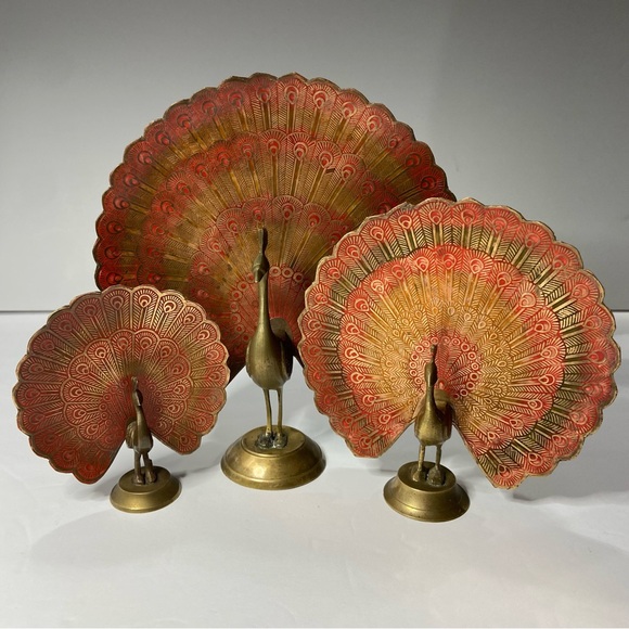 Vintage Solid Brass and Enamel Peacock Figurines Lot of